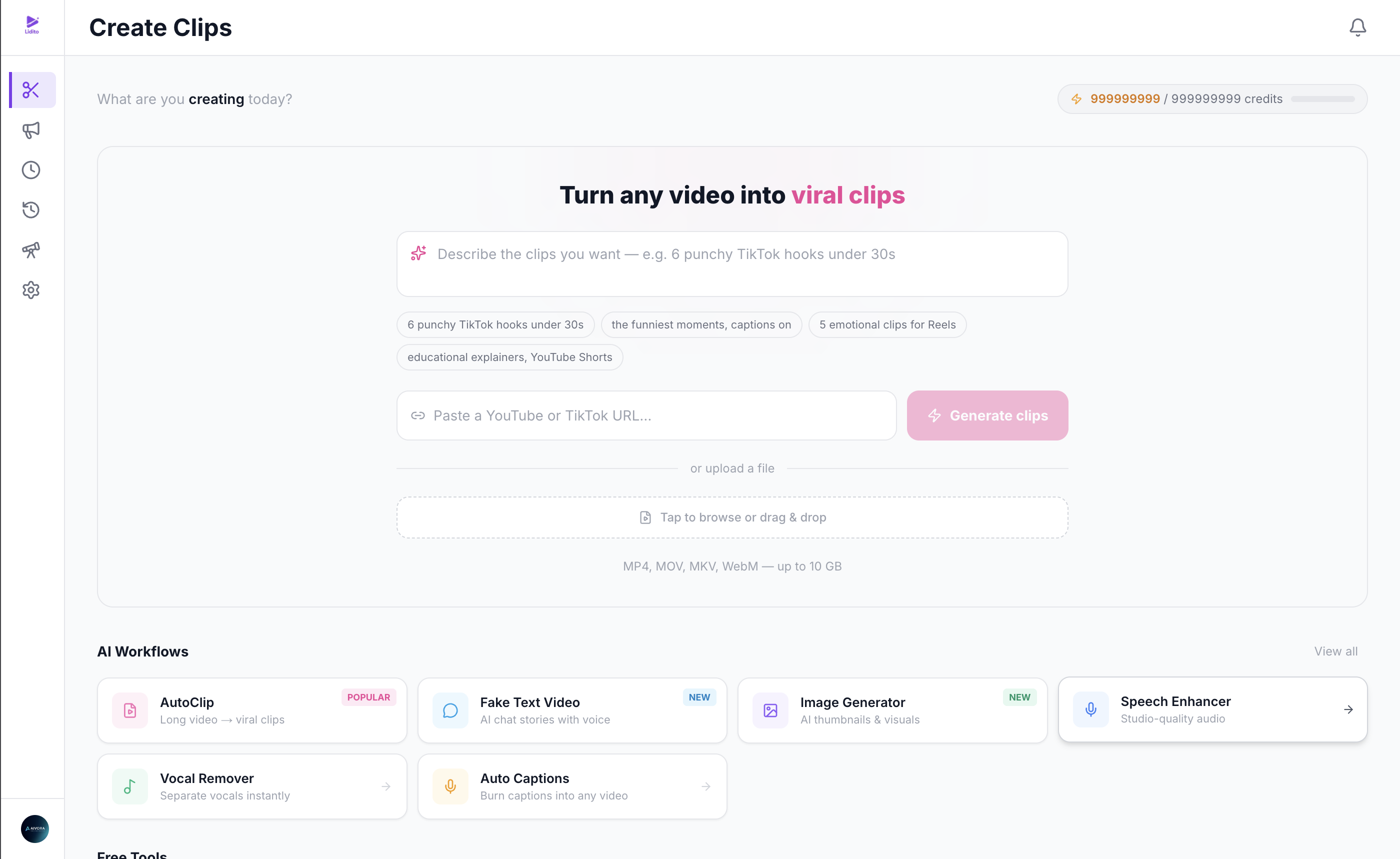 Lidito Create Clips dashboard with AI workflows and YouTube or TikTok URL ingest